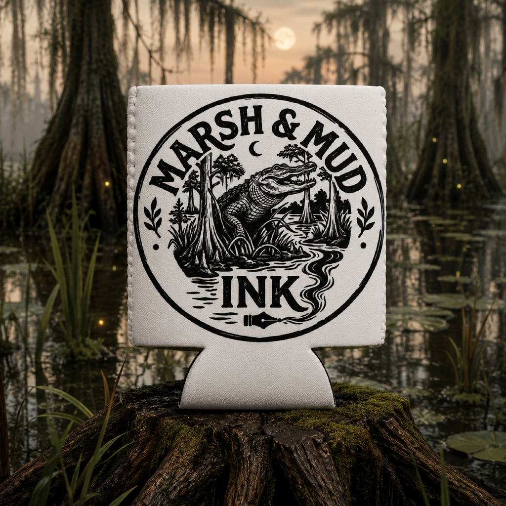 Marsh & Mud Ink White Logo Koozie