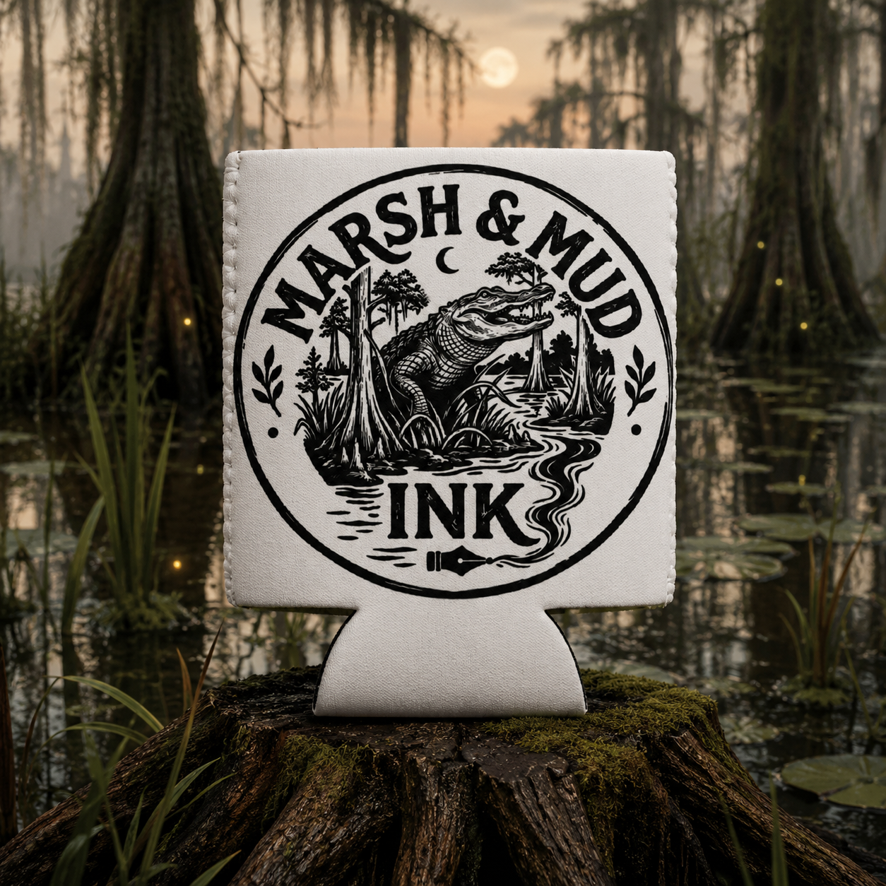 Marsh & Mud Ink White Logo Koozie