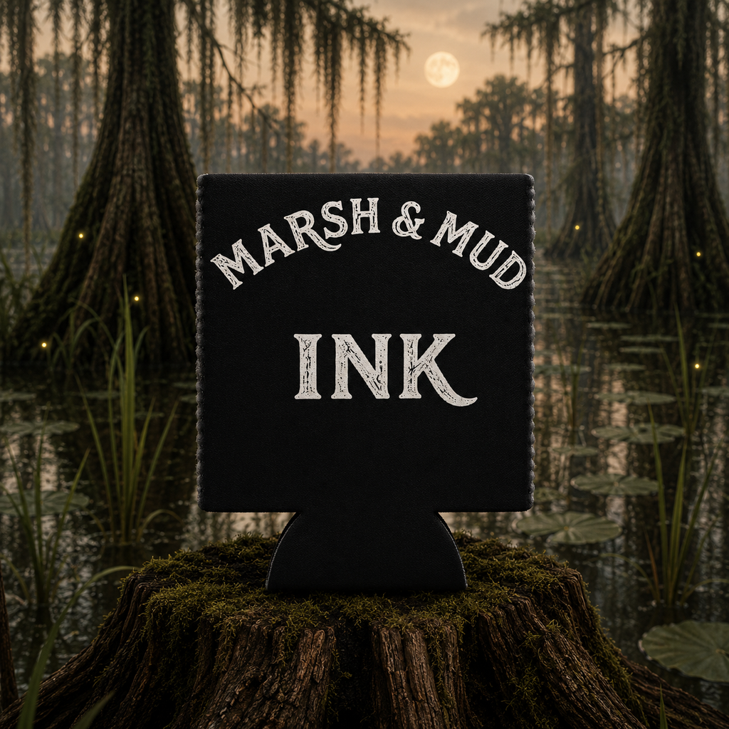 Marsh & Mud Ink White Logo Koozie